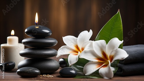 A spa experience that includes a massage using stones and flowers on a wooden tablecloth.