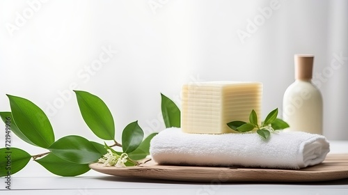 A still life depicting soap, towels, leaves, and green tea in copy space with a health and beauty theme.