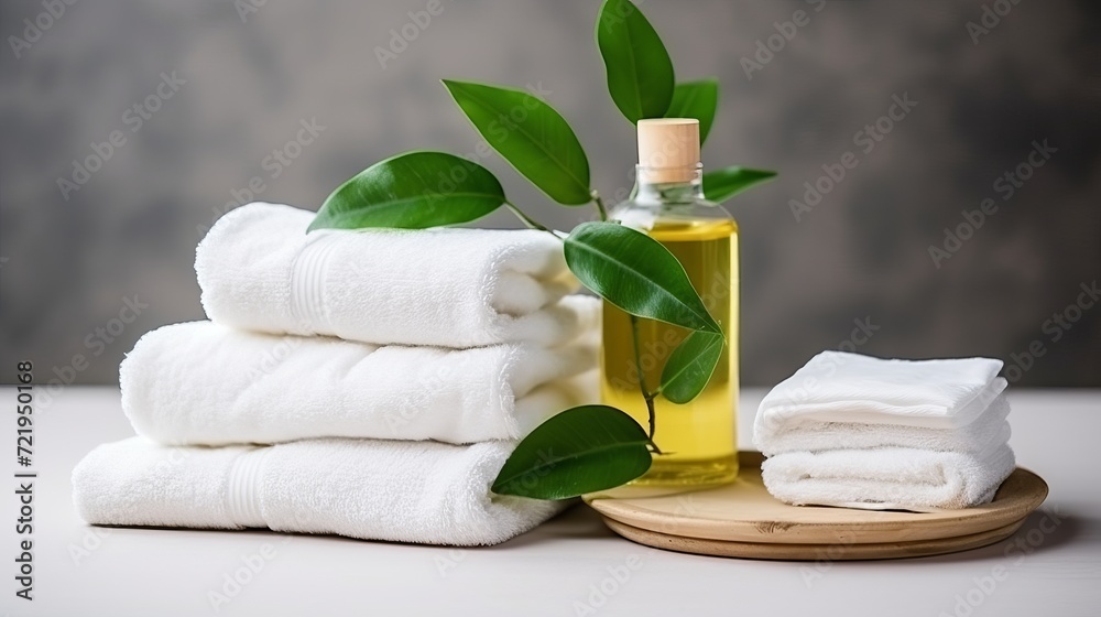 A still life depicting soap, towels, leaves, and green tea in copy space with a health and beauty theme.