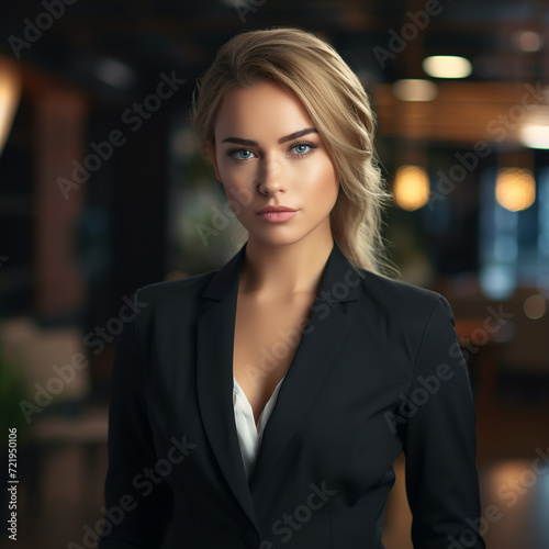 portrait of a blondes businesswoman in a business suit looking sternly at the camera against the backdrop of the office