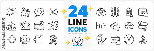 Icons set of Income money, Employee and Yen money line icons pack for app with Notification, Cloud computing, Reward thin outline icon. Calendar, Magic wand, Musical note pictogram. Vector