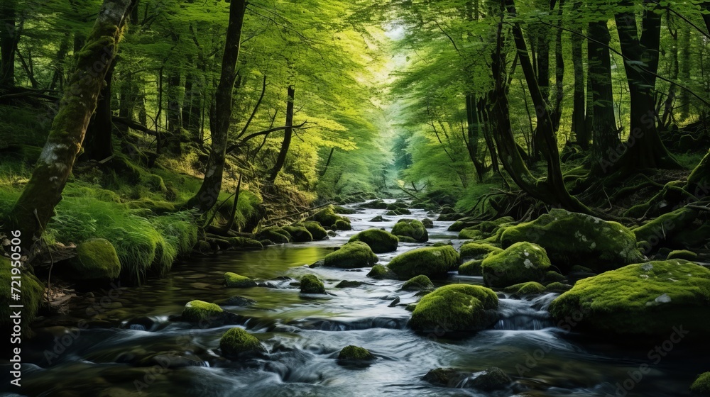 A stream that flows through a forest.