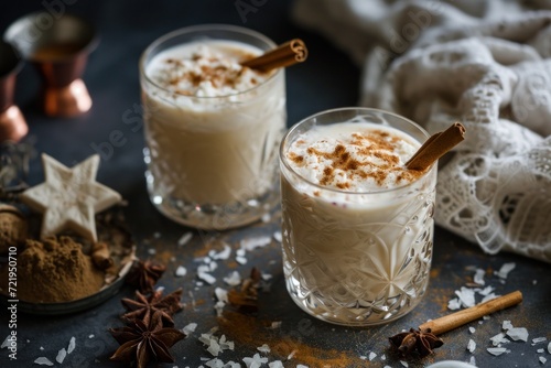 two glasses of white liquid with cinnamon sticks and star anise