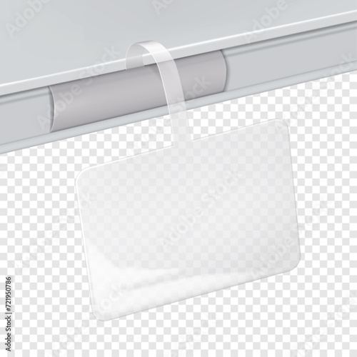 Rectangular clear shelf wobbler on transparent background. Vector mockup. White blank rectangle supermarket dangler realistic mock-up