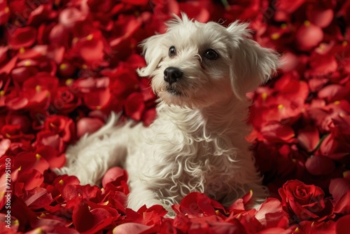 a dog lying in a pile of red rose petals photo