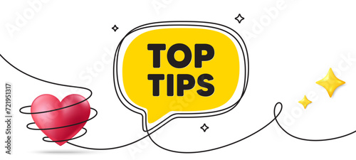 Top tips tag. Continuous line art banner. Education faq sign. Best help assistance. Top tips speech bubble background. Wrapped 3d heart icon. Vector