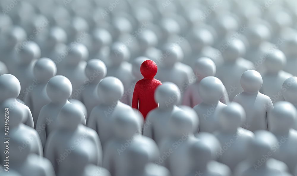 Fototapeta premium A red human shape among the white stands out from the crowd of others. It symbolizes exceptionality, uniqueness and being different.