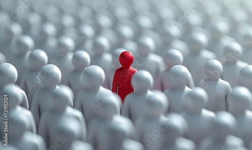 A red human shape among the white stands out from the crowd of others. It symbolizes exceptionality, uniqueness and being different.