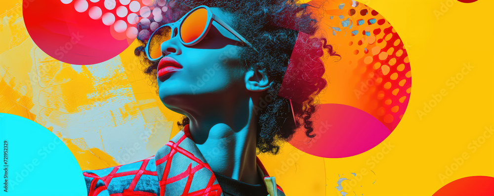 Fototapeta premium Beautiful woman, contemporary art collage,modern design work in neon trendy colors