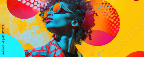 Beautiful woman, contemporary art collage,modern design work in neon trendy colors