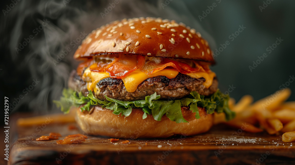 Close-up of home made tasty burger on wooden table - obrazy, fototapety, plakaty 