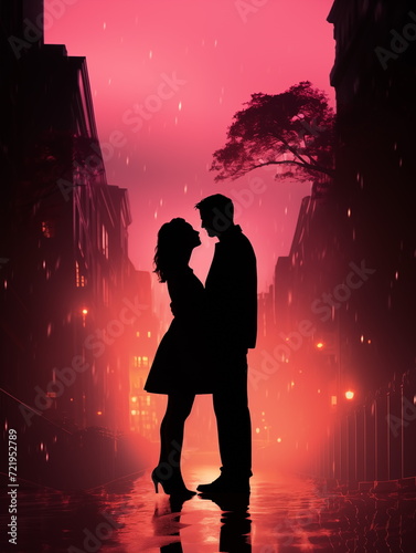 Silhouette of couple kissing at sunset. Man and woman couple kissing. Pink light. City background. Generated AI.
