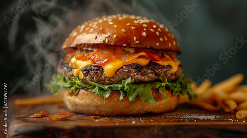 Close-up of home made tasty burger on wooden table photo