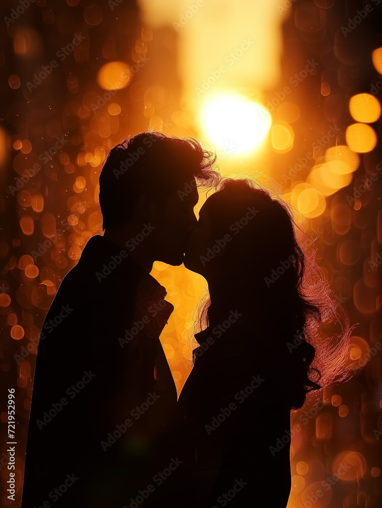 Silhouette of couple kissing at sunset. Man and woman couple kissing. Generated AI.