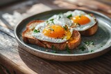 a plate of toast with eggs and herbs on it