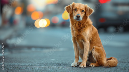 A dog sits on the street in the middle of the city and waits for its owner