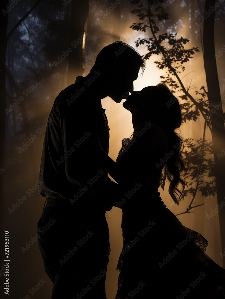 Silhouette of couple kissing at sunset. Man and woman couple kissing. Generated AI.