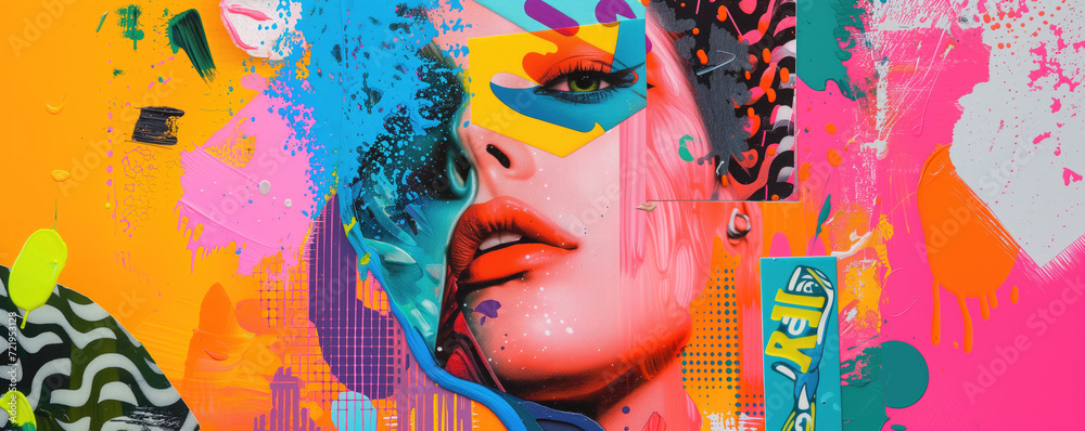 Naklejka premium Beautiful woman, contemporary art collage,modern design work in neon trendy colors