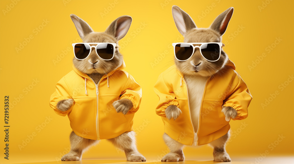 Fototapeta premium Cool cute easter bunny, rabbit with sunglasses and jogging suit with rabbit ears, isolated on yellow background