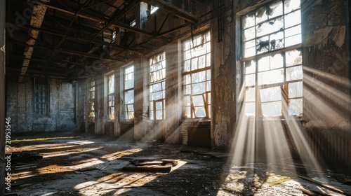 sunlight shining through windows in an abandoned building