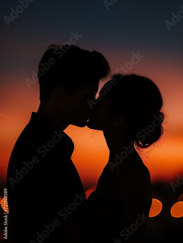 Silhouette of couple kissing at sunset. Man and woman couple kissing. Generated AI.