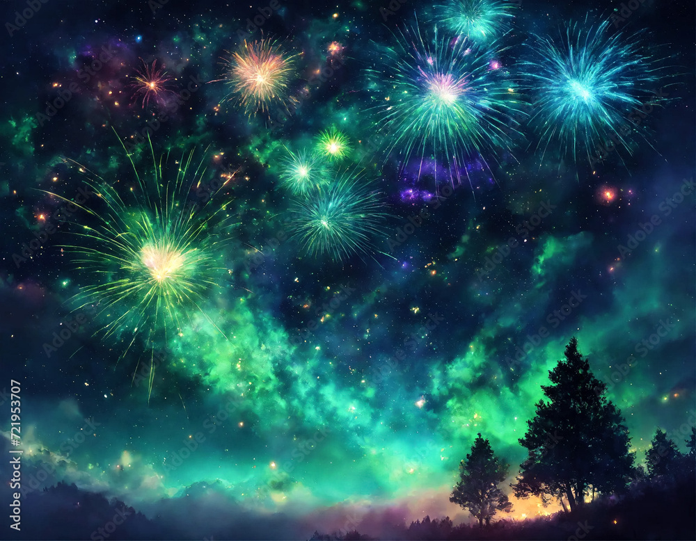Green holiday fireworks background with sparks, colored stars and bright nebula on black night sky universe. Amazing beauty colorful fireworks display on celebration, showing. Holidays backgrounds