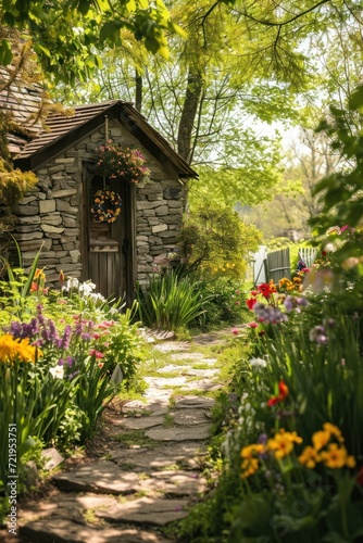 a stone building with flowers and a path