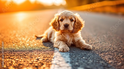 a puppy lying on the road