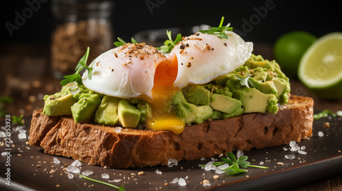 Healthy breakfast whole wheat toasted bread with avocado and poached egg over gray background