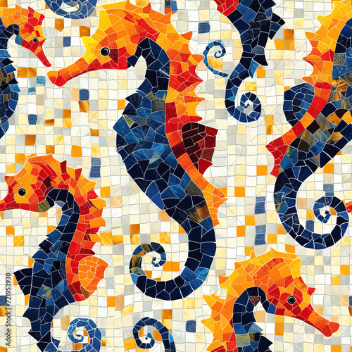 Seahorses cartoon repeat pattern, cute ocean marine cartoon line art repetitive 