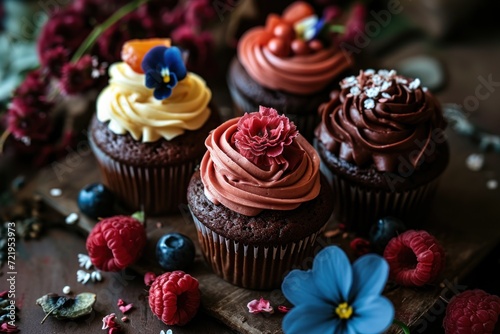 a group of cupcakes with frosting and flowers