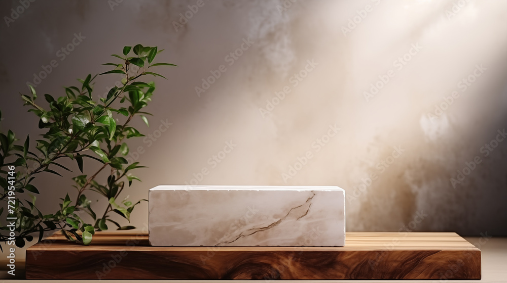 marble rough rock block with wooden top stand podium for product presentation in a minimalistic interior backdrop marble rough rock block with wooden top stand podium for product presentation in a minimalistic interior backdrop