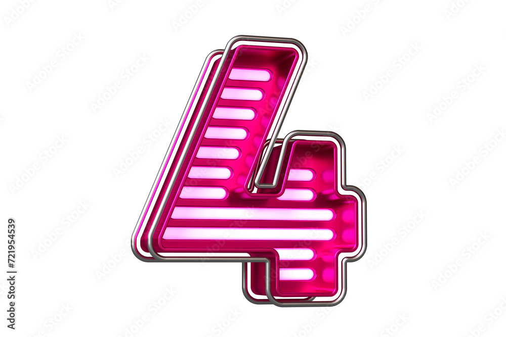 Shining chrome and pink neon font digit number 4. Nice typeface for the creation of titles, ad headers and eye-catching texts. High quality 3D rendering.