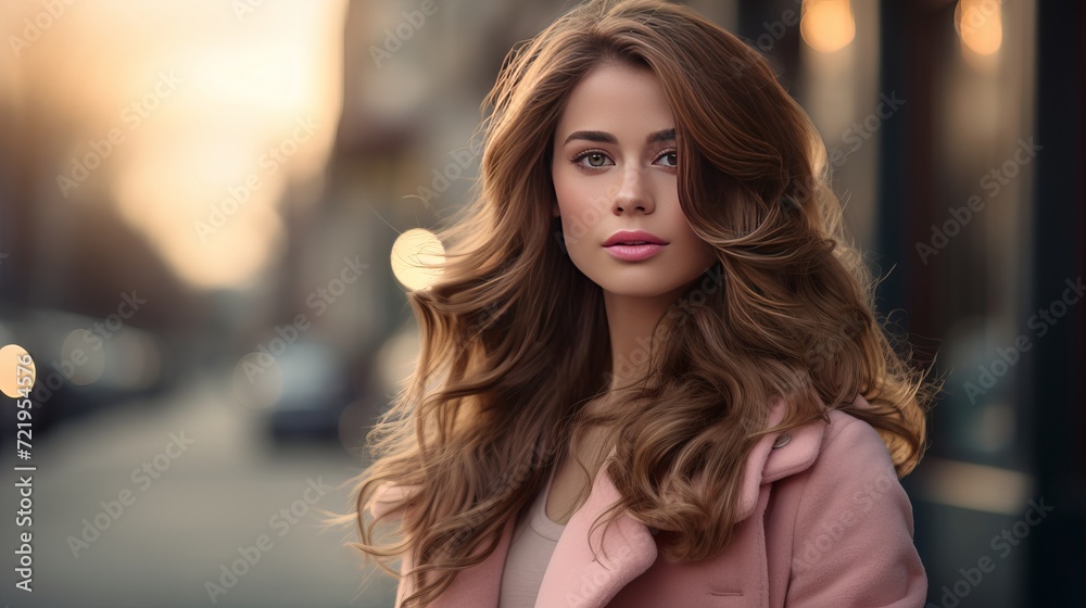 A young woman who looks pretty with long hair and wears a pink coat is romantically inclined. A young woman who looks pretty with long hair and wears a pink coat is romantically inclined.