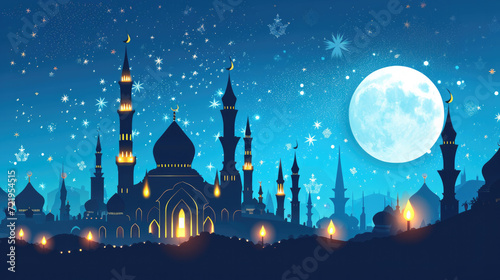 Ramadan Kareem background with mosque and full moon. Ramadan Kareem illustration. © Bang