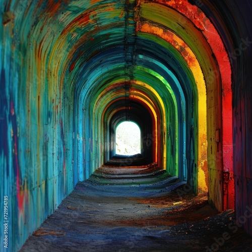 a rainbow colored tunnel with light coming through