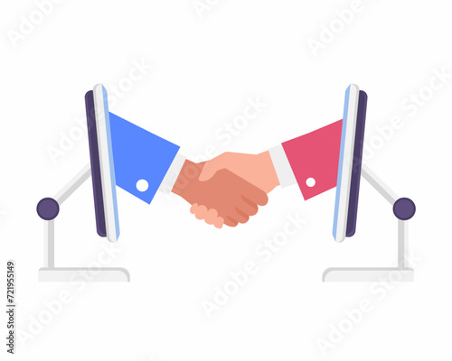 Online business deal investor shake hands each other through computer vector illustration
