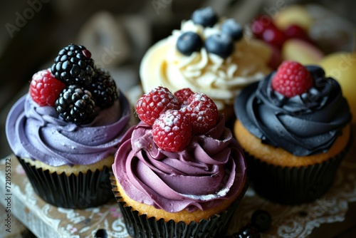 a group of cupcakes with frosting and berries photo