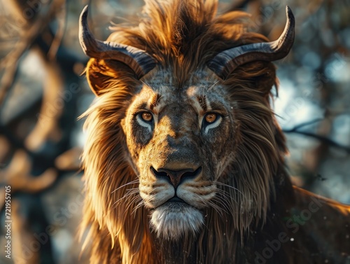 a lion with horns looking at the camera