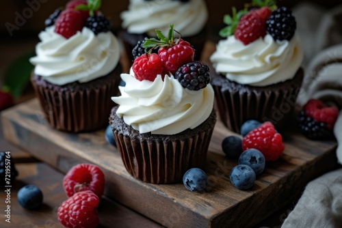 a group of cupcakes with white frosting and berries