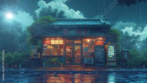 Lofi anime rainy shop. Loop animation video. Japan street. photo