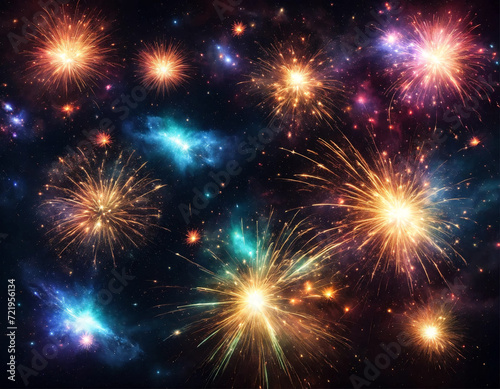 Holiday fireworks backgrounds with sparks  colored stars and bright nebula on black night sky universe  comets. Amazing beauty colorful fireworks display on celebration  showing. Holidays backgrounds