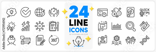 Icons set of Chemistry dna, 360 degrees and Fair trade line icons pack for app with Article, Nasal test, Quick tips thin outline icon. Timer, Coronavirus, Ethics pictogram. Vector