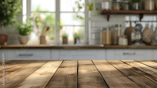 Empty kitchen table with kitchen background blurred. generative ai