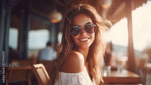 At the sea cafe, a young, stylish, and beautiful woman is enjoying pancakes, cocktails, and smoothies while dressed in a flirty resort-style outfit with sunglasses and a joyful face.