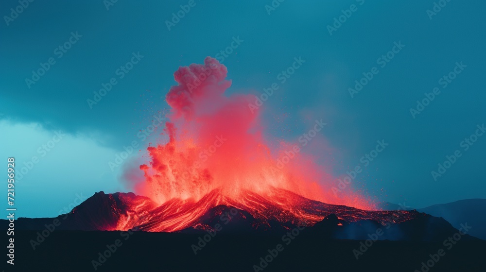 A powerful volcano eruption is captured at twilight, with vibrant red lava exploding against a stark blue sky, embodying nature's volatile beauty.