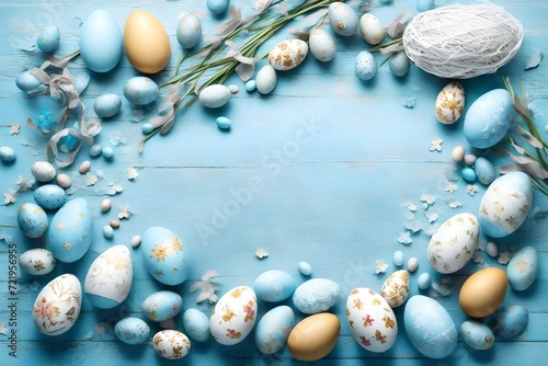 Soft sky-blue backdrop featuring detailed Easter adornments and an assortment of eggs  creating a charming space for your celebratory message