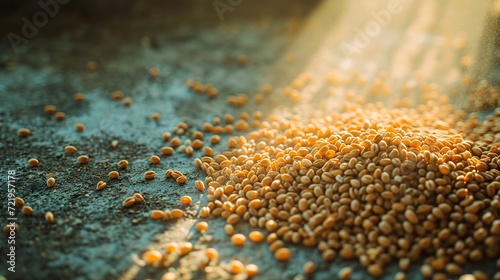 The image captures the simple beauty of golden mustard seeds bathed in sunlight, scattered on a rustic blue surface, highlighting the essence of natural ingredients.