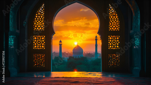 View from the Arab arch to the mosque at sunset