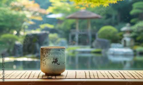 A traditional Japanese tea cup in a peaceful garden setting. The concept of meditation and zen, background, design of postcards, banners, flyers with a place to copy